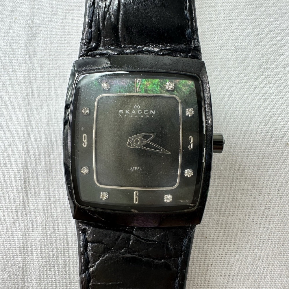 Skagen Denmark Steel Watch Women Black Square Leather Band Needs Battery Vintage